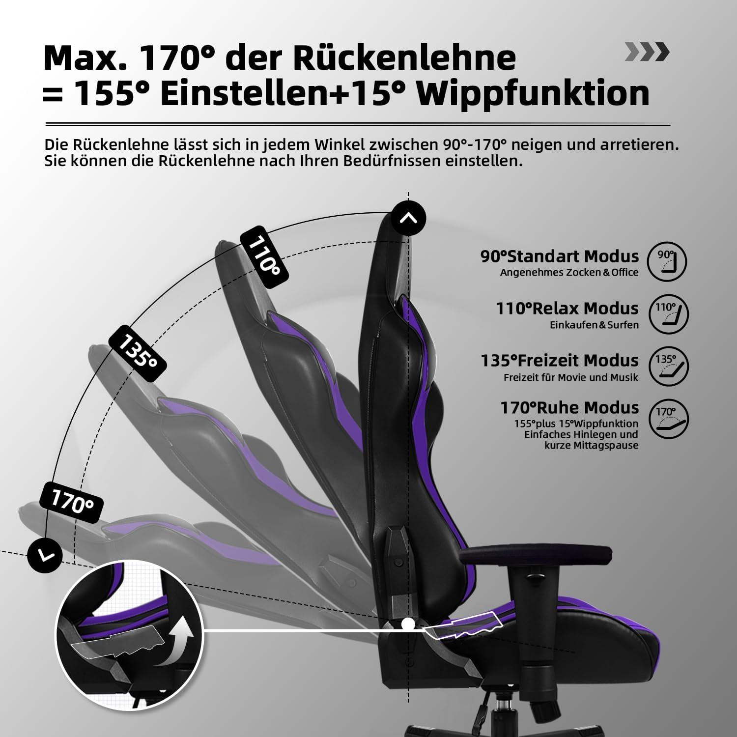 Gaming Stuhl 170° Wippfunktion verstellbarer Lendenkissen Armlehne