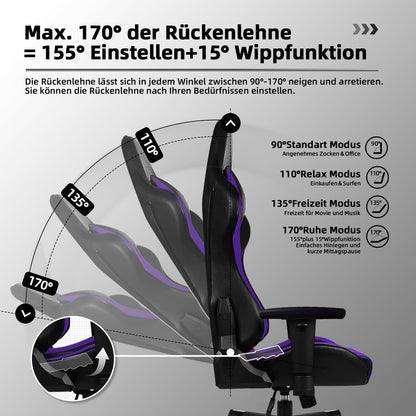 Gaming Stuhl 170° Wippfunktion verstellbarer Lendenkissen Armlehne