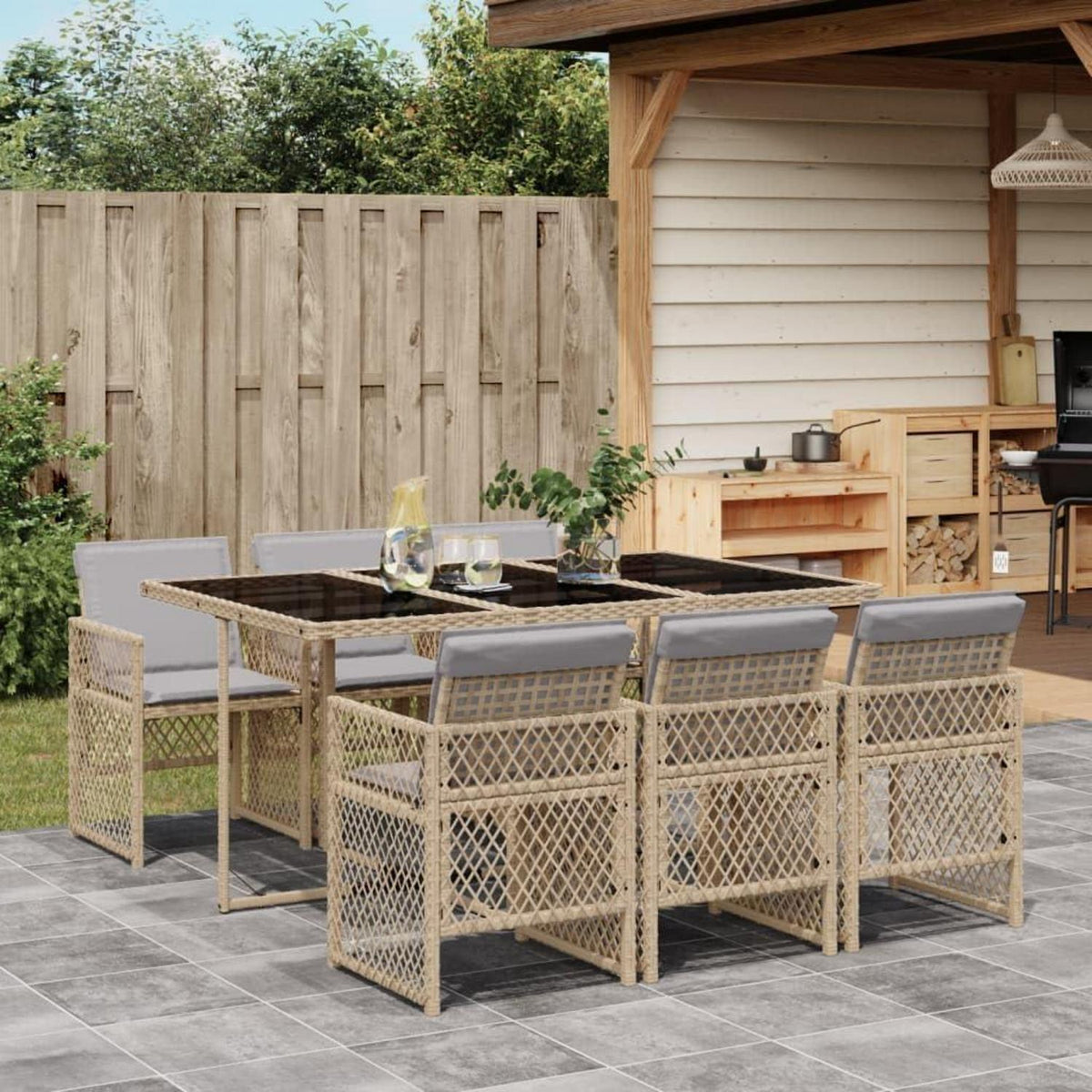 Garten Essgruppe 7-TLG. Poly Rattan mit Kissen Beige & Grau