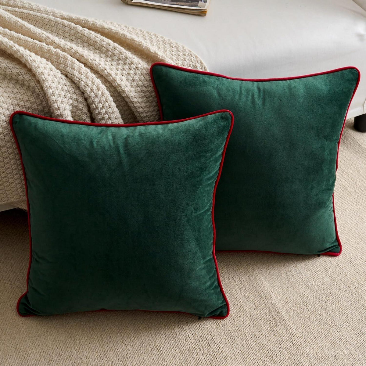 2x Samt Kissenbezug 45x45 cm Dunkelgrün – Luxus Deko Kissen