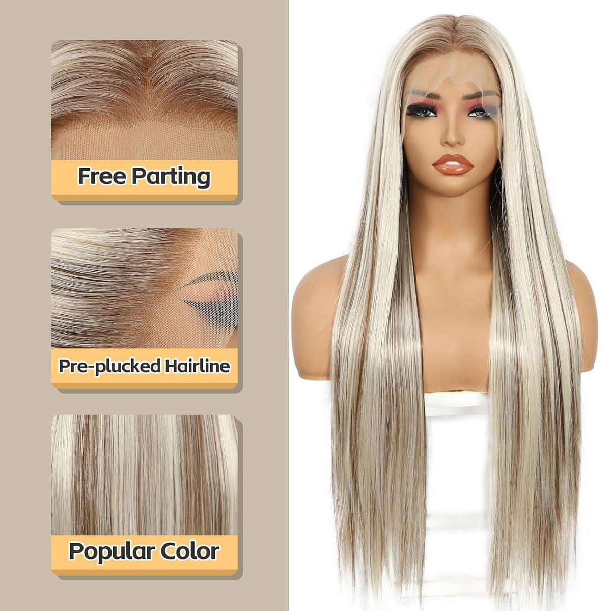 Blond Lange Gerade Perücke 13x6 Lace Front Synthetik 26 Zoll