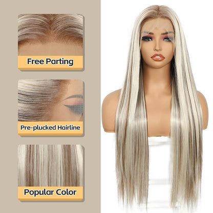 Blond Lange Gerade Perücke 13x6 Lace Front Synthetik 26 Zoll