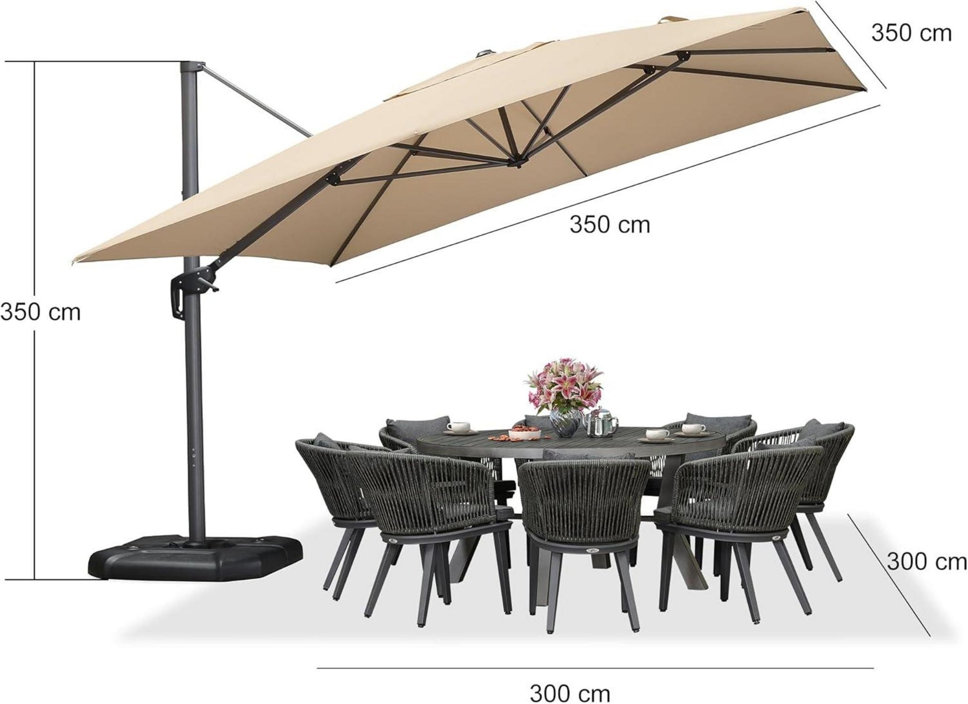 Sonnenschirm 350x350 cm Teleskopisch Ampelschirm Groß Kurbel Alu