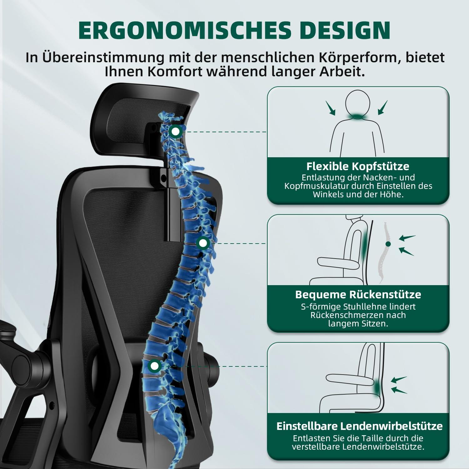 Ergonomischer Bürostuhl mit Verstellbarer Kopfstütze und Rollen bis 150kg