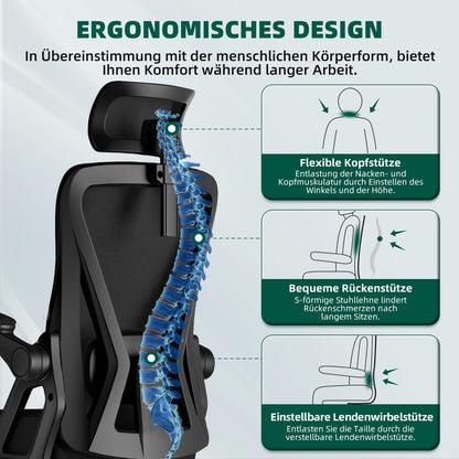 Ergonomischer Bürostuhl mit Verstellbarer Kopfstütze und Rollen bis 150kg