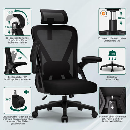 Bürostuhl Ergonomisch Verstellbarer Kopfstütze Armlehnen Lendenwirbelstütze Leise Rollen Wippfunktion 135° Chefsessel bis 150kg