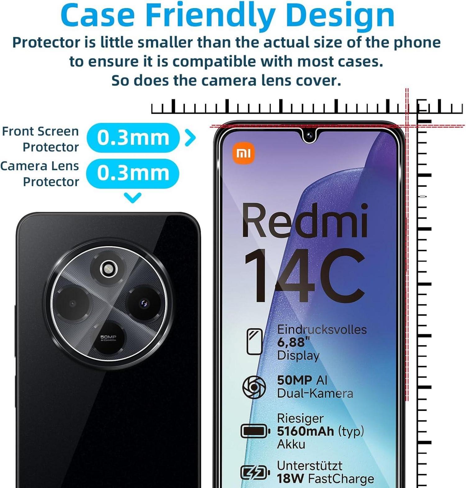 QULLOO Panzerglas für Xiaomi Redmi 14C 4G, Schutzfolie + Kameraschutz, 4-teiliges Set