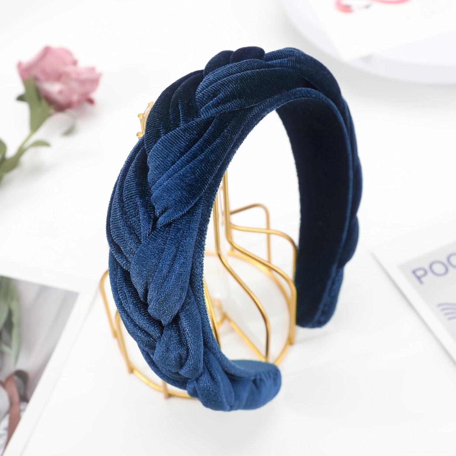 DRESHOW Samt Geflochtenes Stirnband Trachten Haarreif Vintage Navy Blue