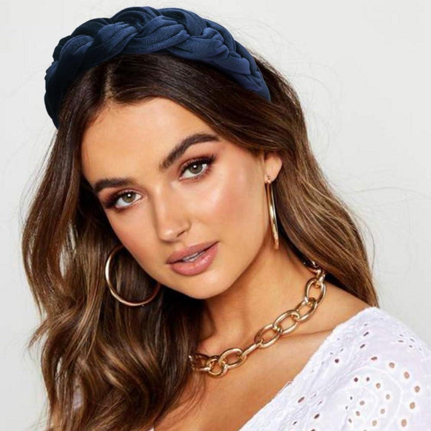 DRESHOW Samt Geflochtenes Vintage Stirnband Haarreif breit Damen Blau