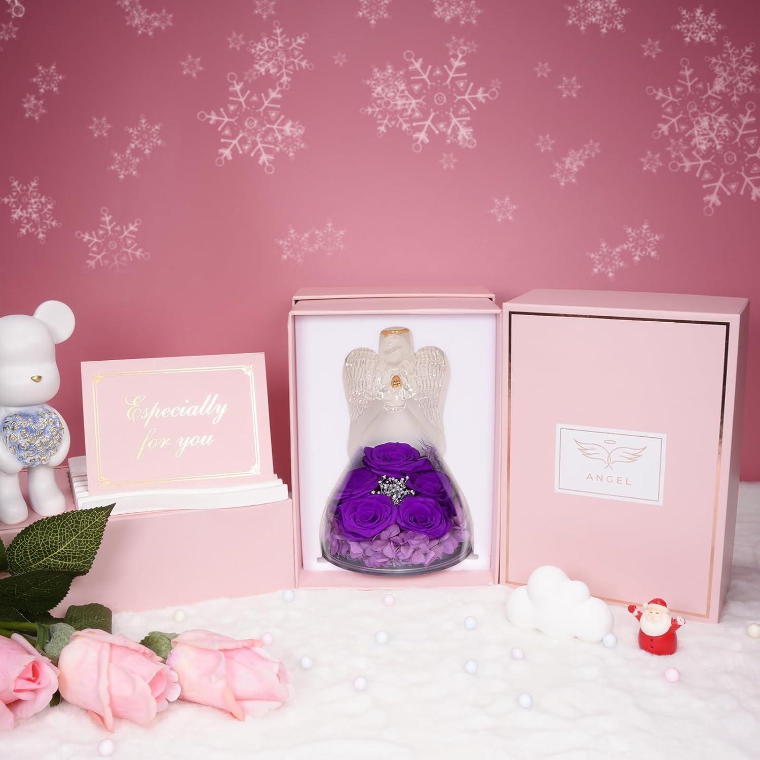 Ewige Rose Engel Geschenkbox 5 Ewige Rosen im Engel, Violett