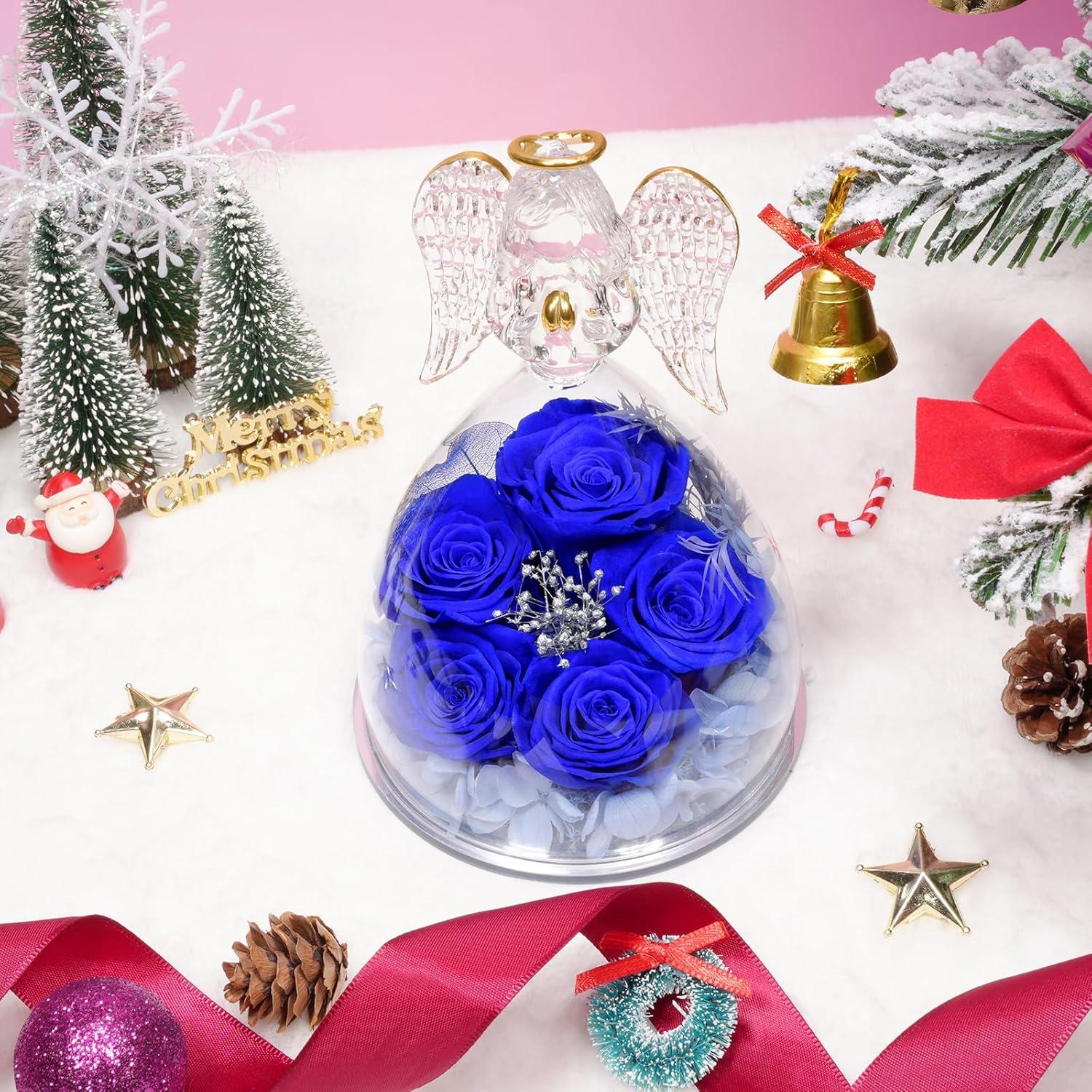 Ewige Rose Engel Geschenk für Frauen, 5 Blaue Rosen im Engel Figur