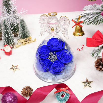 Ewige Rose Engel Geschenk für Frauen, 5 Blaue Rosen im Engel Figur