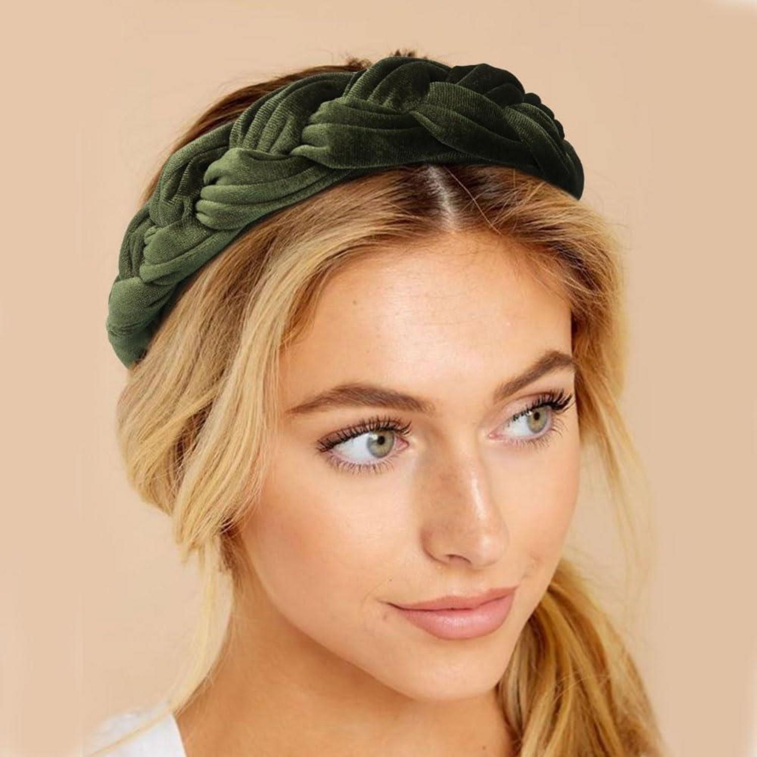 Samt Geflochtenes Stirnband Damen Vintage Haarreif Breit Army Green