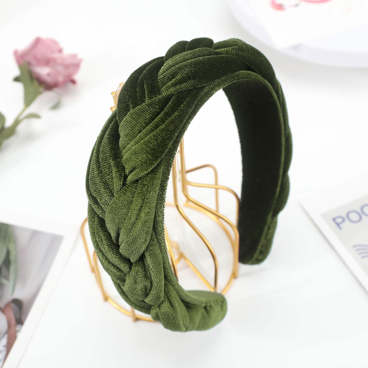 DRESHOW Samt Geflochtenes Haarband Vintage Stirnband: Army Green