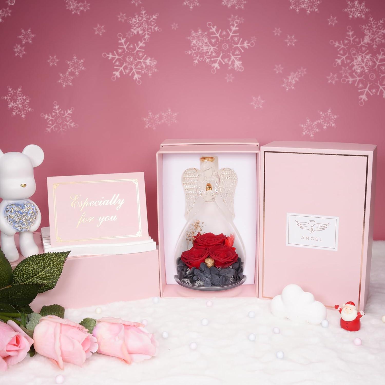 Ewige Rose Engel Geschenkbox 3 Rosen im Glas, Angel Infinity Rose für
