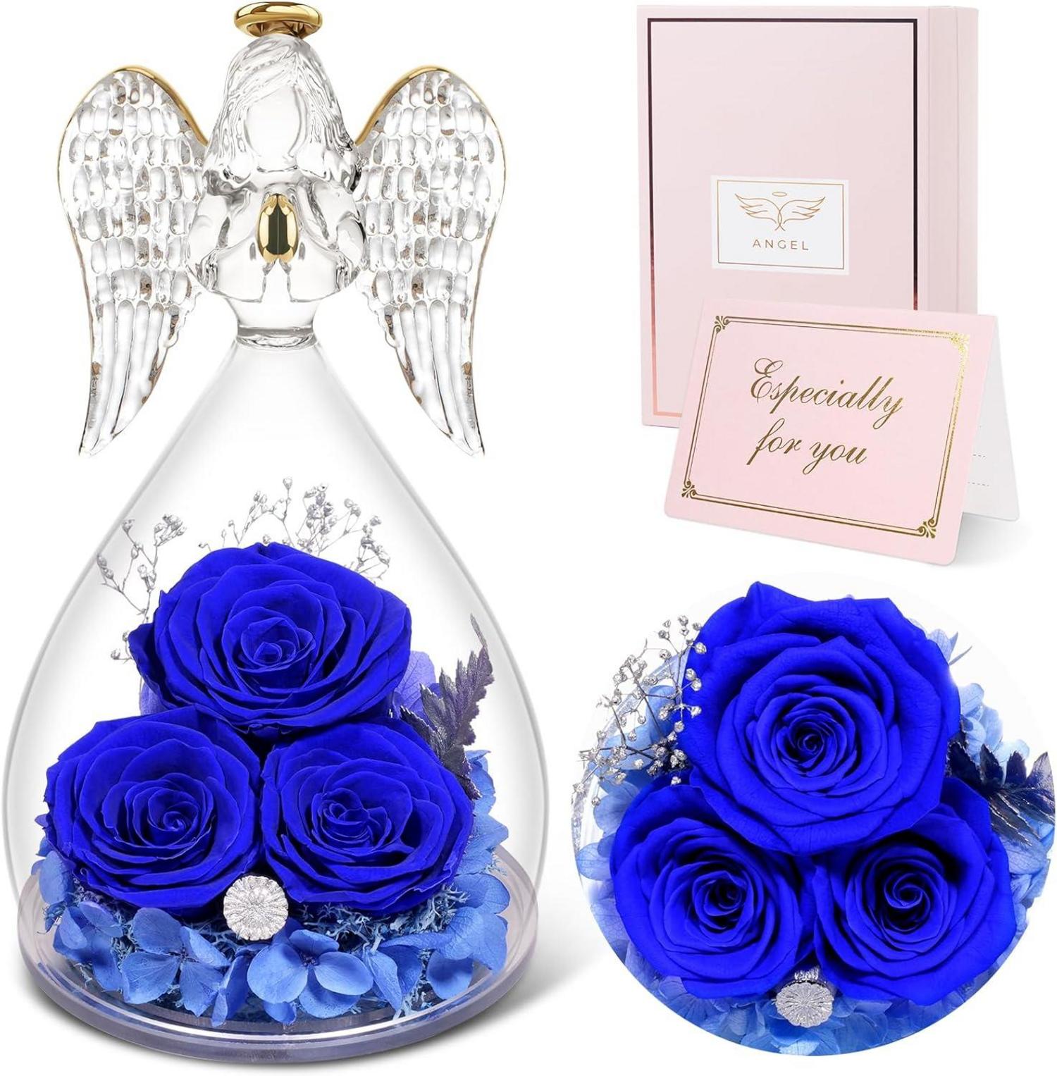 Ewige Rose Engel Geschenkbox 3 Ewige Rosen Glas Engel Blau