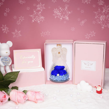 Ewige Rose Engel Geschenkbox 3 Ewige Rose Blau mit Engel im Glas