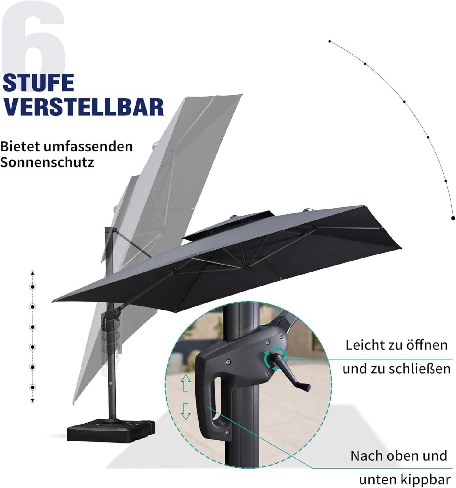 Grauer 365x365cm Ampelschirm Quadratisch mit Kurbel und Doppeldach