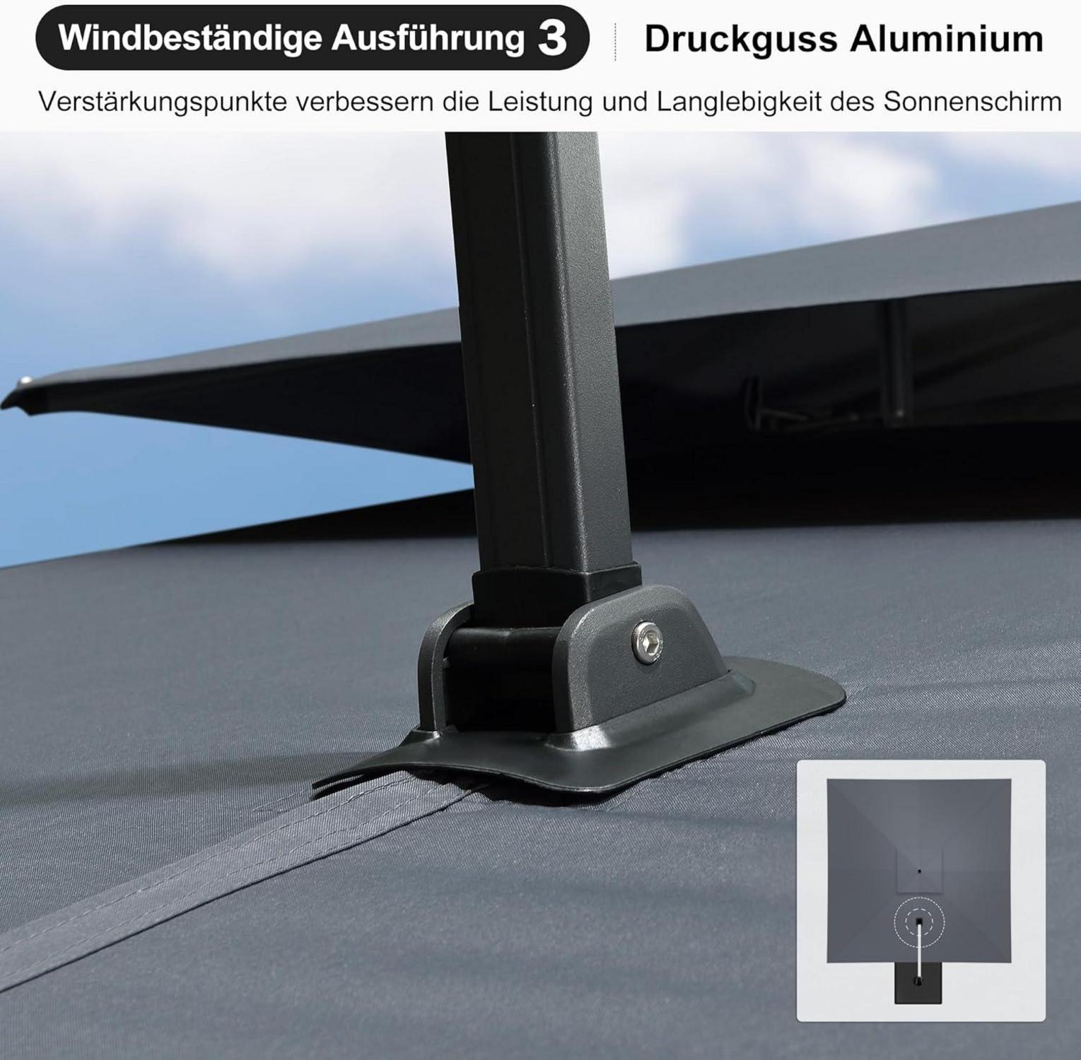 Ampelschirm Quadratisch 365x365 cm UV50+ Grau Kurbel Doppeldach