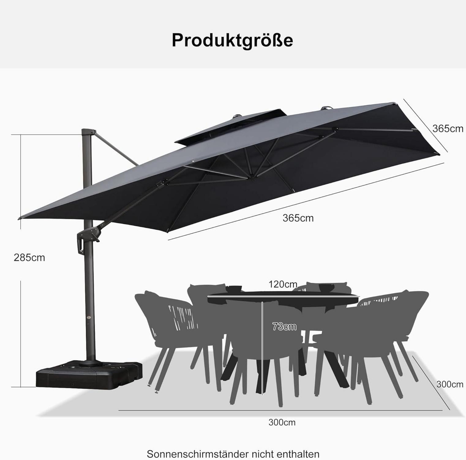 Grauer 365x365cm Ampelschirm Quadratisch mit Kurbel und Doppeldach