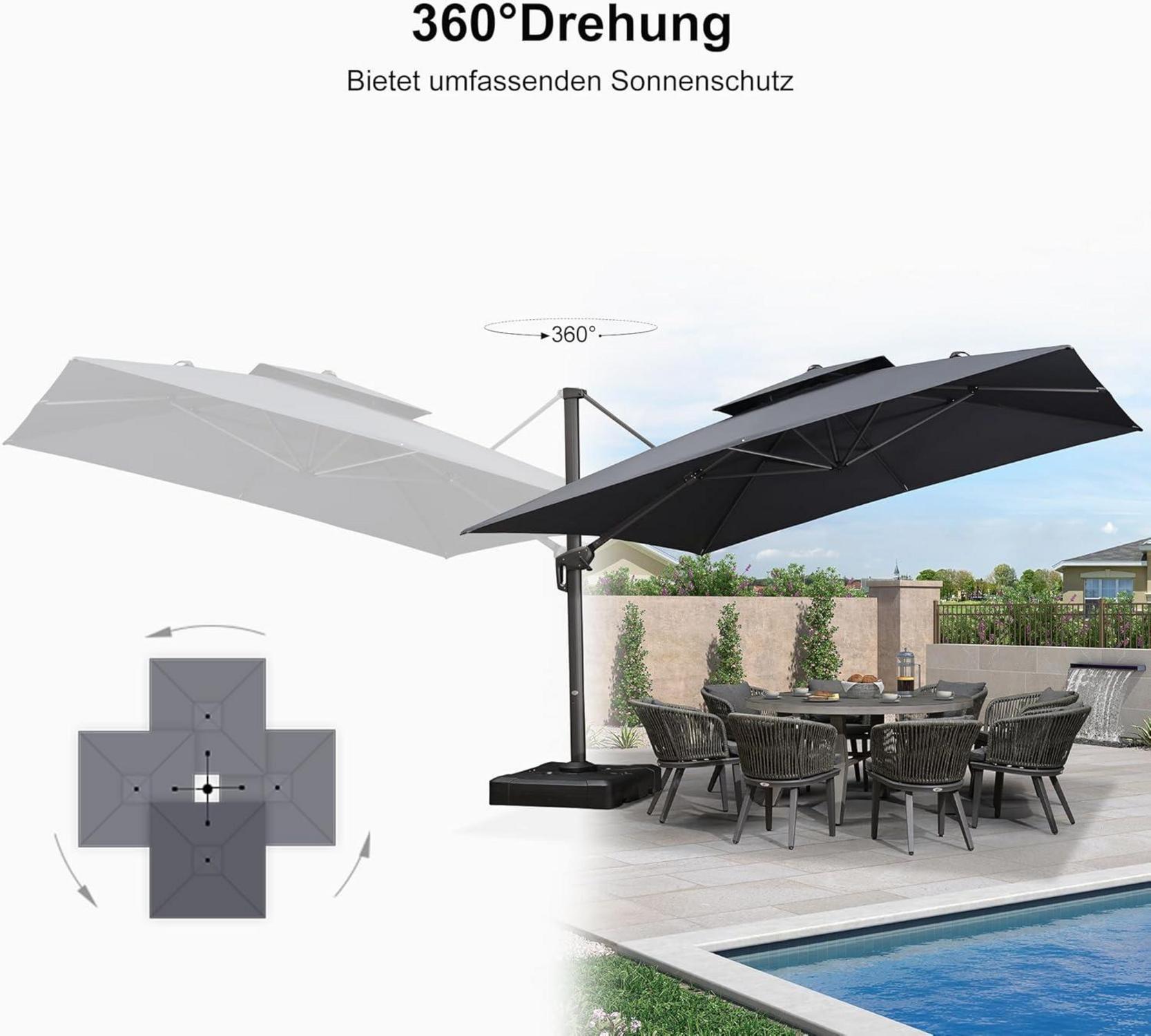 Ampelschirm Quadratisch 365x365 cm Grau UV50+ Doppeldach Kurbel