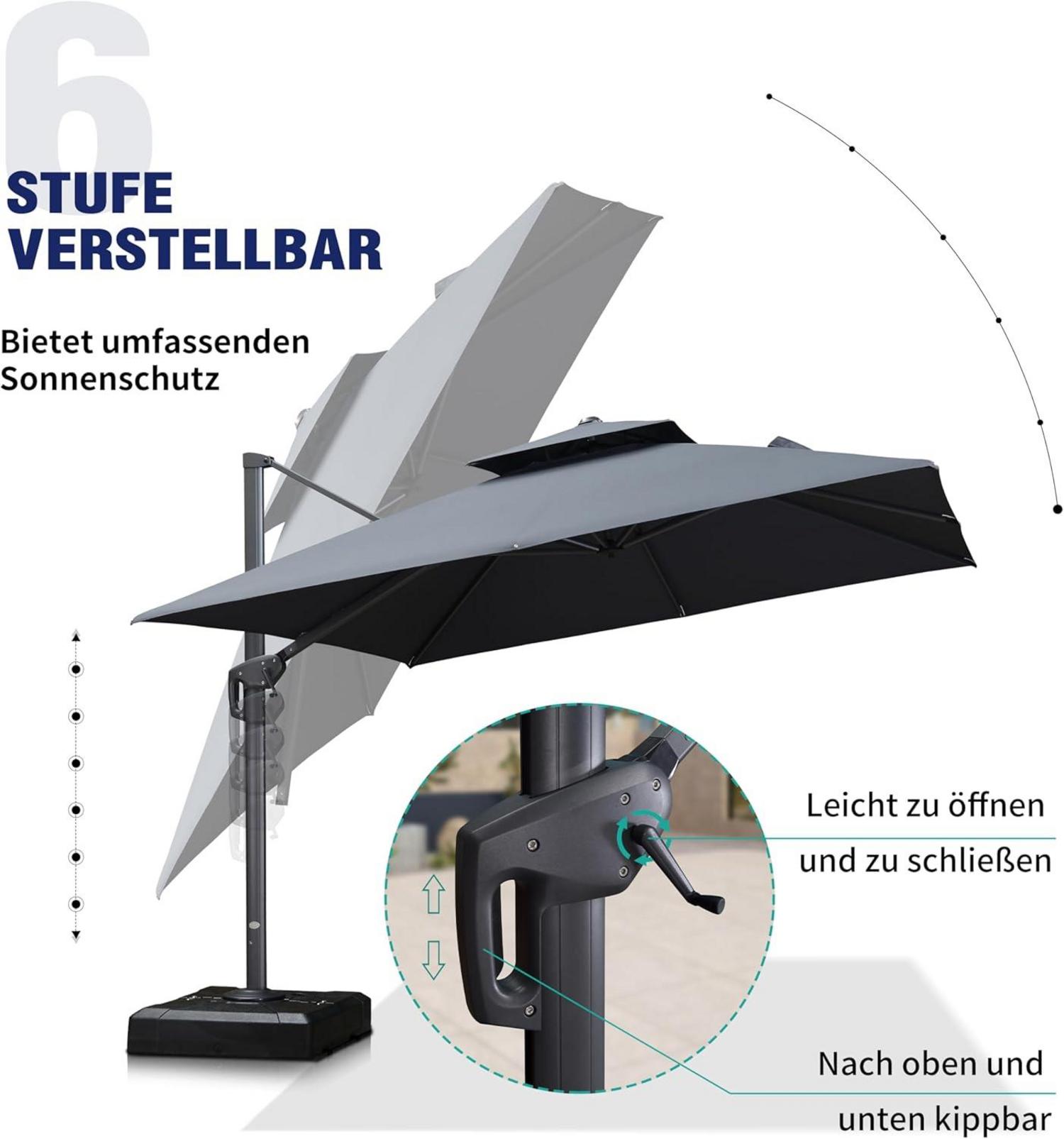 Ampelschirm 300x300 Sonnenschirm Drehbar 360° Grau Quadratisch