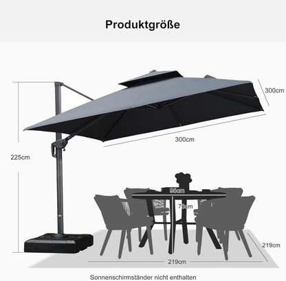 Ampelschirm Quadratisch 300x300 cm Drehbar Sonnenschirm Gartenschirm mit Kurbel Grau