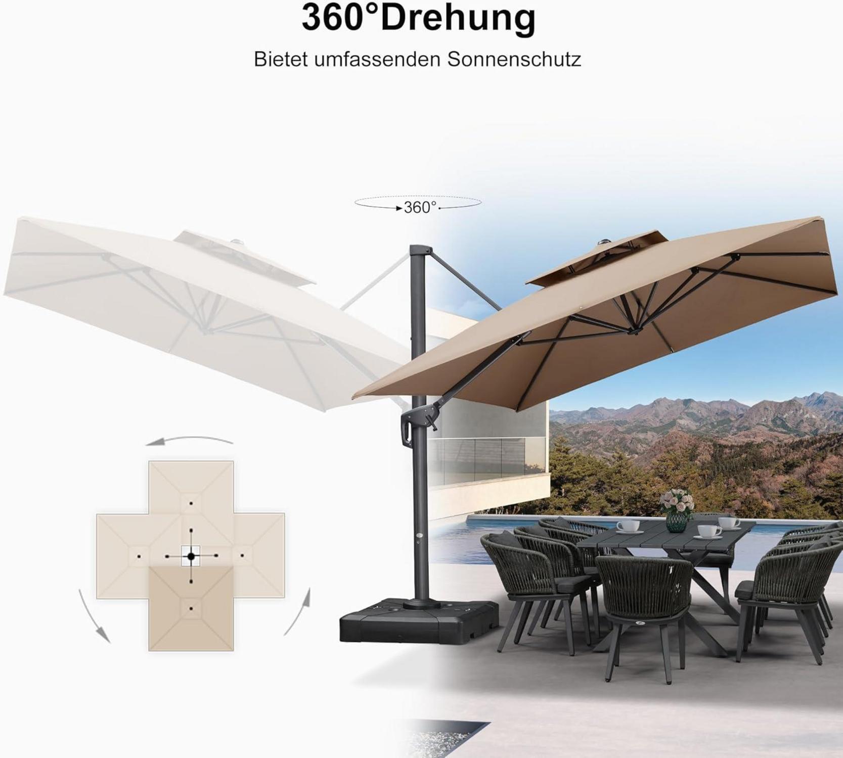 Ampelschirm 300x400 cm Grau Doppeldach UV50+ 360° Rotation Alu Gestell