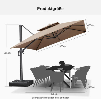 Ampelschirm 300x400cm Sonnenschirm Drehbar mit Kurbel XXL Beige