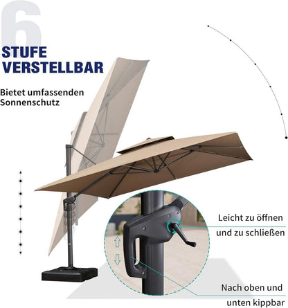 Sonnenschirm 365x365cm Grau mit Doppeldach und 360° Rotation
