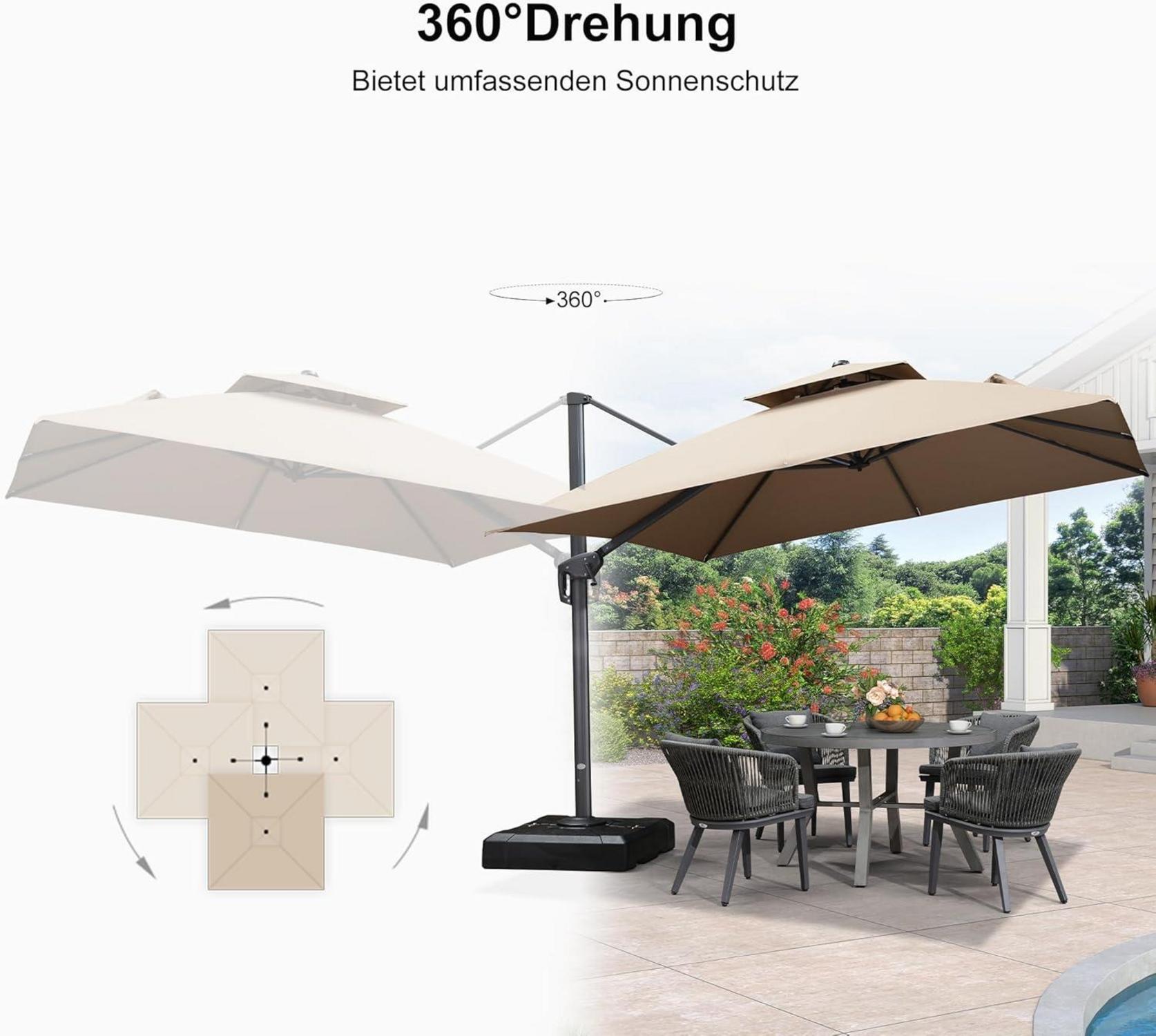 Sonnenschirm Doppeldach 300x300 cm Ampelschirm Grau mit Kurbel