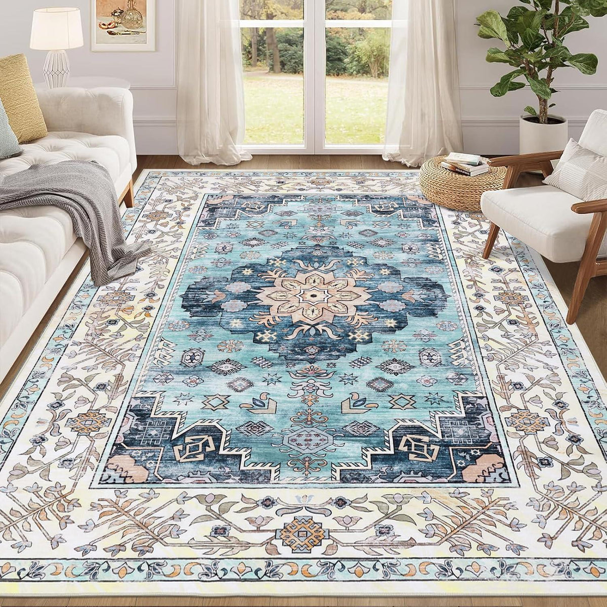 Boho Teppich 160x230cm Türkis Rutschfest Waschbar Kurzflor