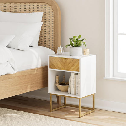 Nachttisch Holz Beistelltisch mit Eichenschublade, weiß, modern, groß, Boho