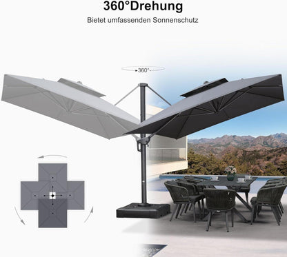 SONNENSCHIRM Rechteckig 300x400 cm Groß 360°Rotation, kurbel, Doppeldach Grau