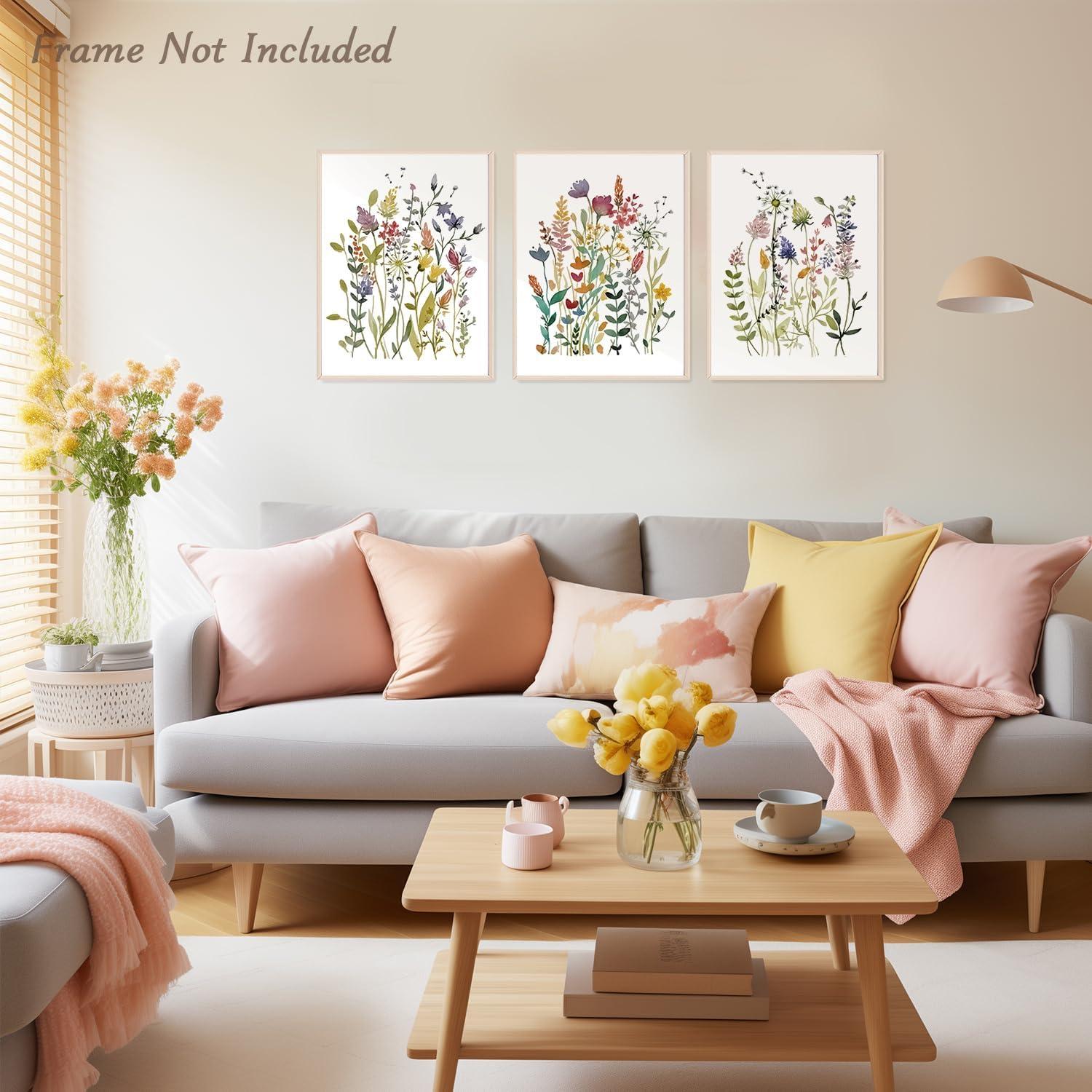 Wildblumen Aquarell Leinwandbilder Set 30x40 cm, 3 Stück Ungerahmt