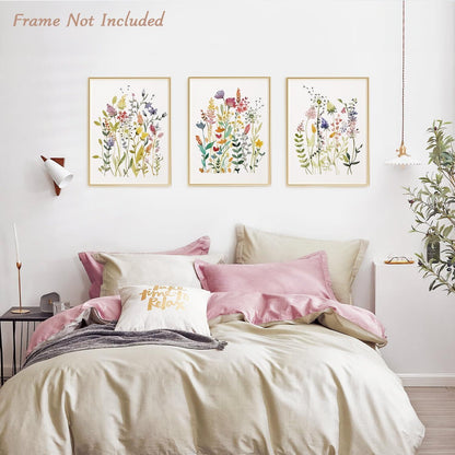 Wildblumen Aquarell Leinwand Kunstdrucke Set, bunte Floral Wandbilder 30x40 cm Ungerahmt