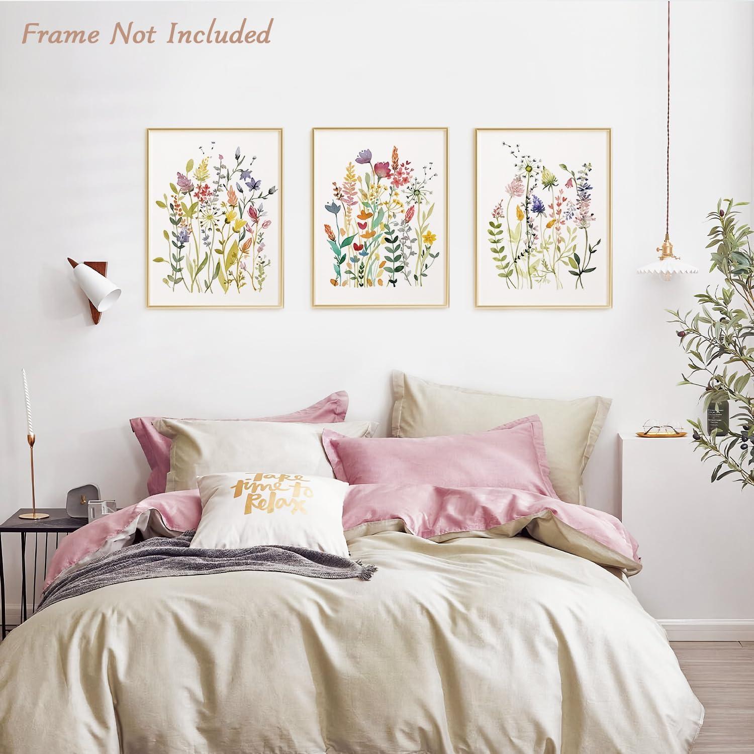 Wildblumen Aquarell Leinwand Kunstdrucke Set, bunte Floral Wandbilder 30x40 cm Ungerahmt