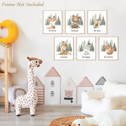 6er-Set Kinderzimmer Tiere Leinwand Bilder Wald Hirsch Bär