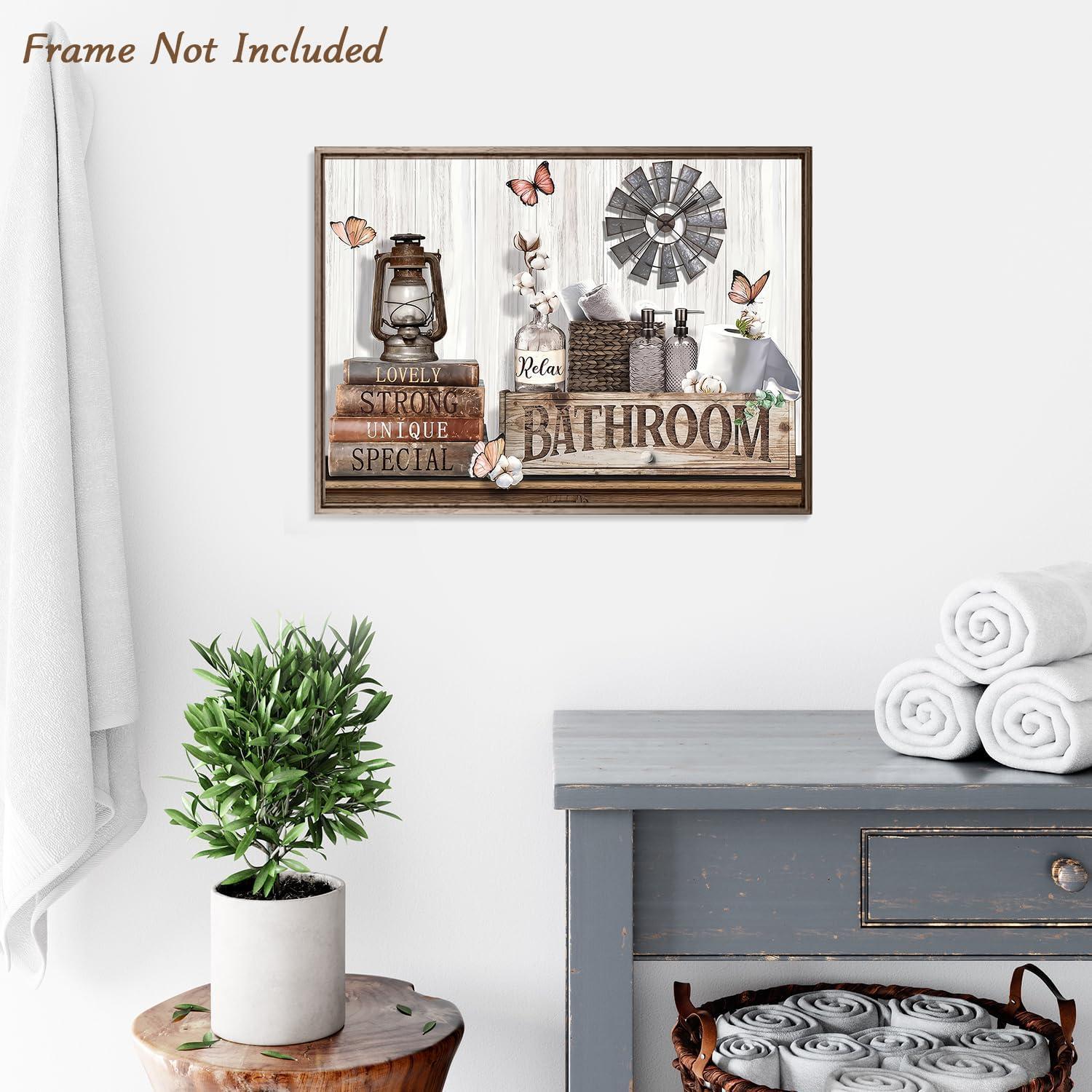 Rustikales Badezimmer Wandbild Baumwolle Blume Schmetterling Vintage Leinwand 30x40 cm