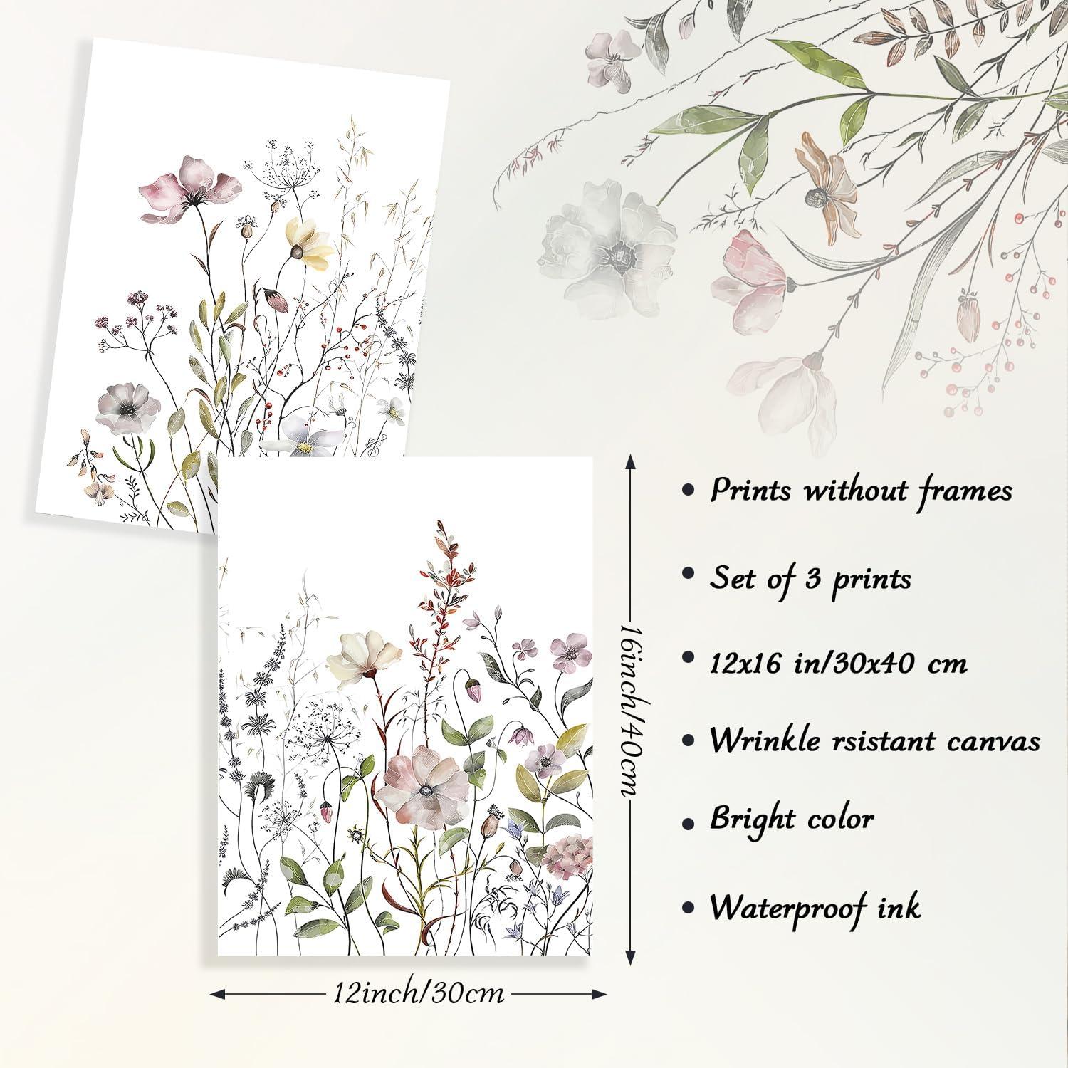 Aquarell Wildblumen Leinwand Wandbilder Set 30x40 cm 3-teilig