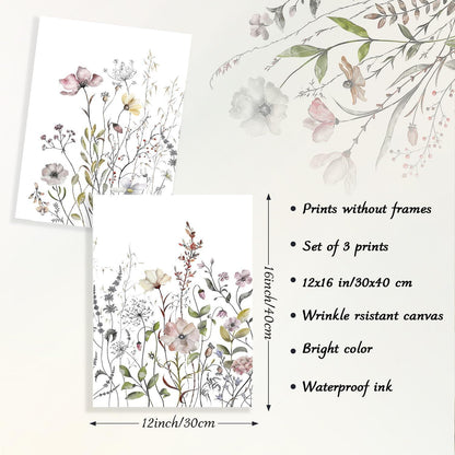 Aquarell Wildblumen Leinwand Wandbilder Set 30x40 cm 3-teilig