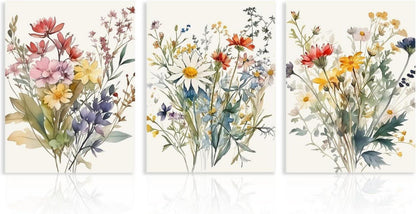 Aquarell Blumen Wandbilder Set, Bunte Wildblumen Leinwand Bilder