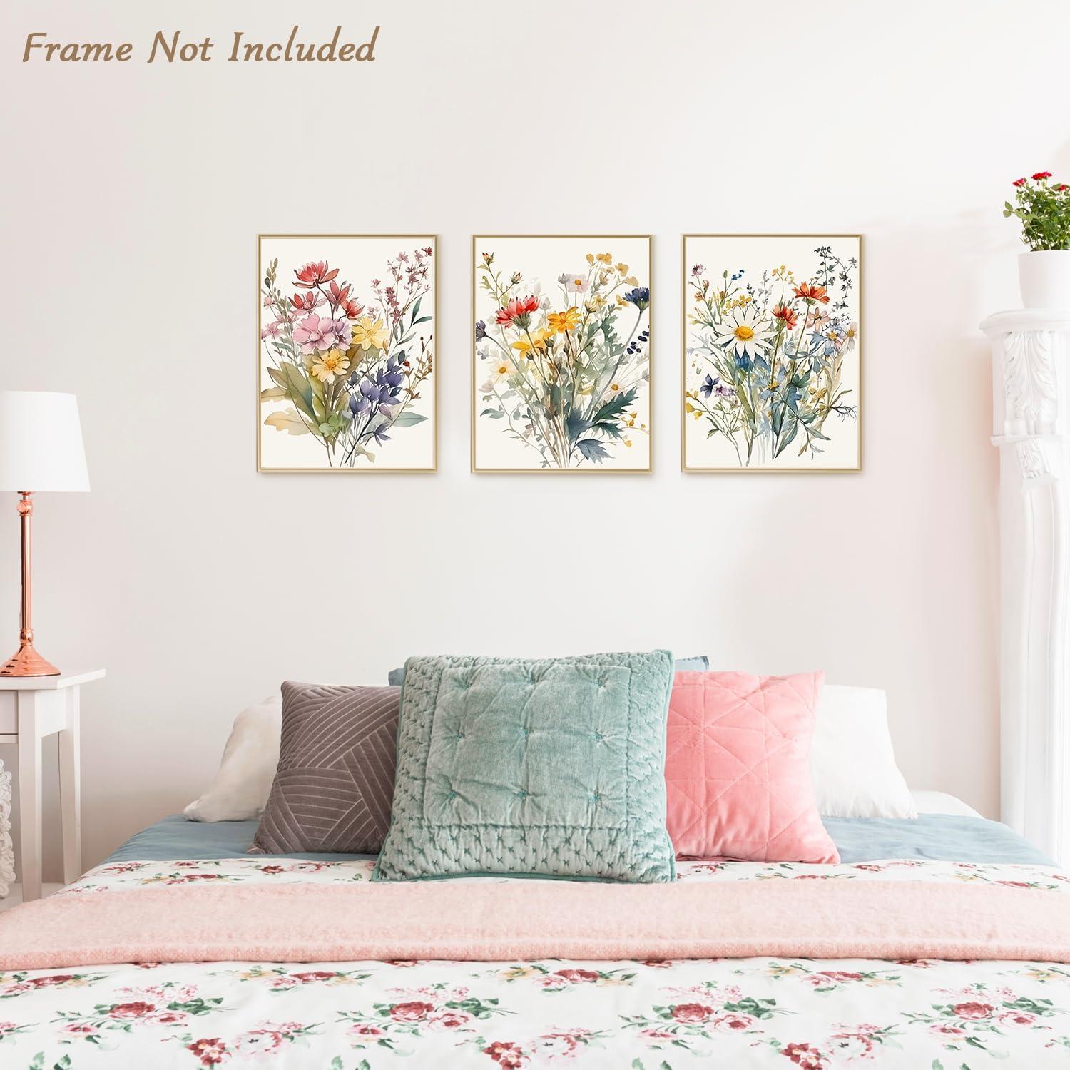 Aquarell Blumen Wandbilder Set 3 Stück, Wildblumen Leinwand