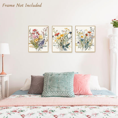 Aquarell Blumen Wandbilder Set 3 Stück, Wildblumen Leinwand