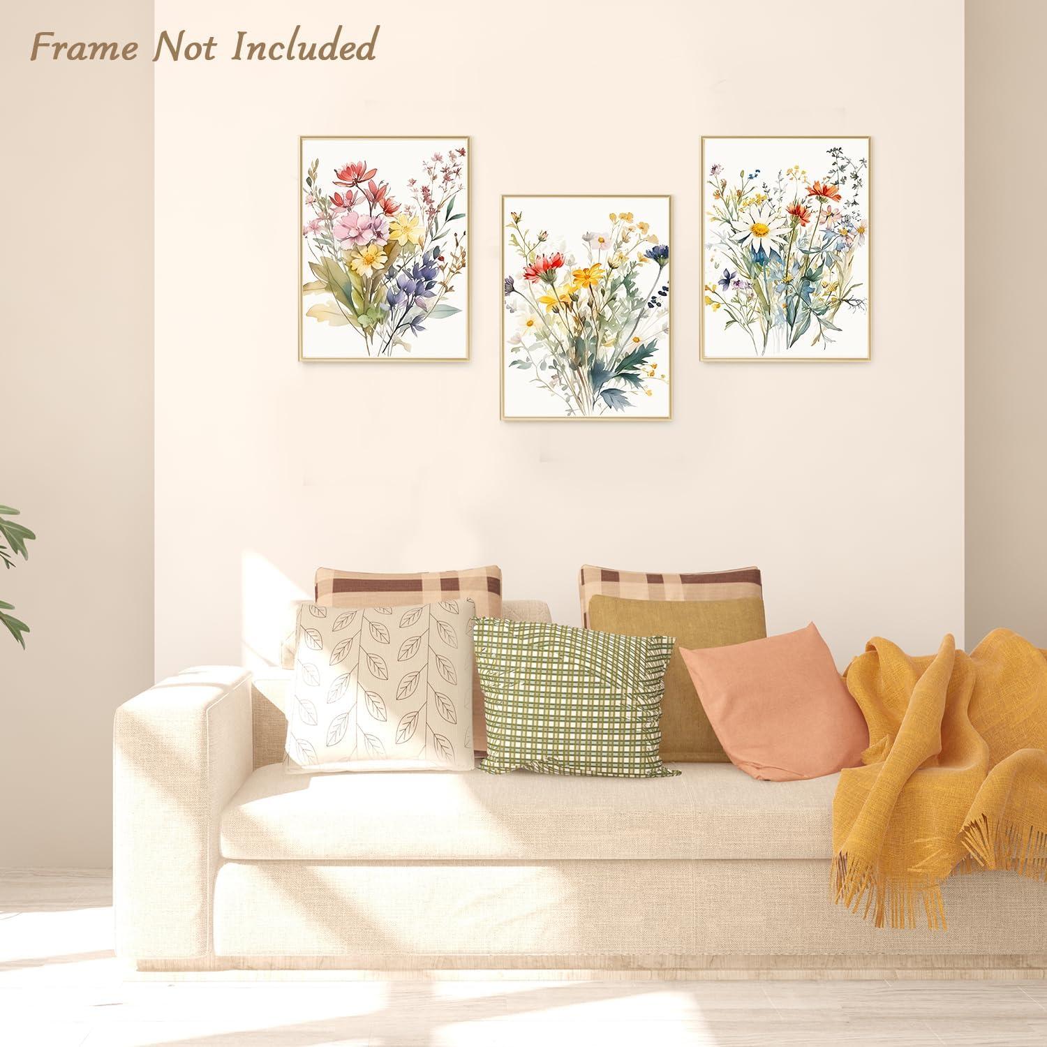 Aquarell Blumen Wandbilder Set, Bunte Wildblumen Leinwand Bilder