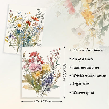 Aquarell Blumen Wandbilder Set - Bunte Wildblumen Leinwand Bilder 30x40cm