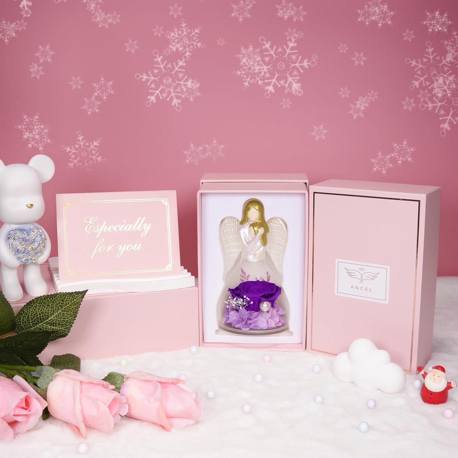 Mama Tochter Engel Ewige Rose Figur in Glas Kuppel Violett
