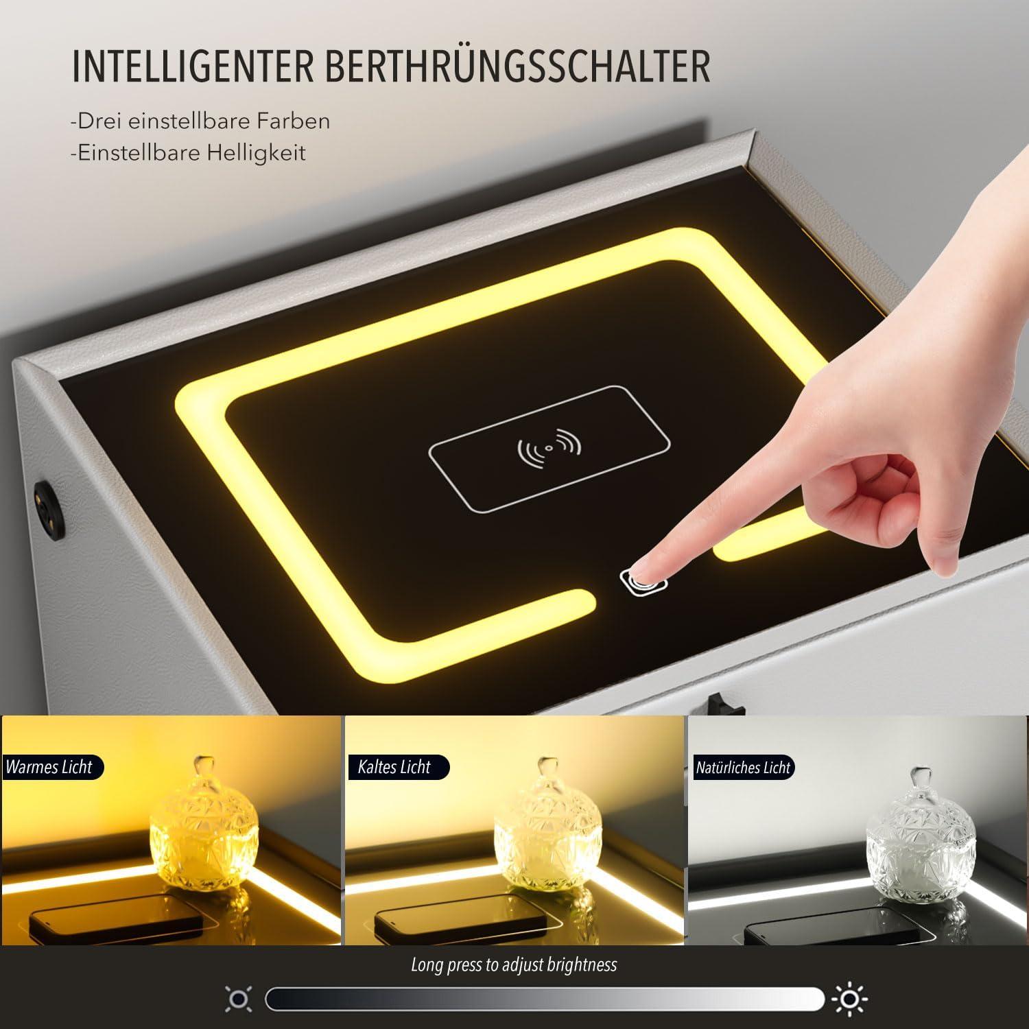 Nachttisch kabelloses Laden LED-Licht 3 Schubladen Bettschrank