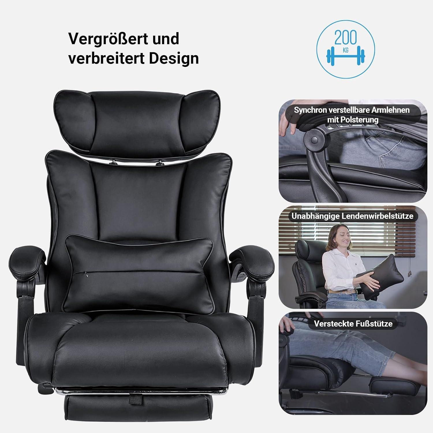 Ergonomischer Bürostuhl 200KG Schwarz PU-Leder Fußstütze