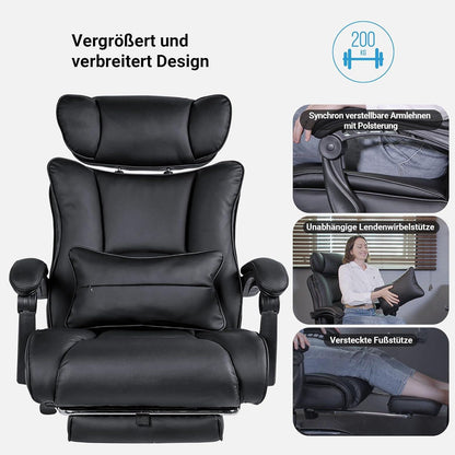 Ergonomischer Bürostuhl 200KG Schwarz PU-Leder Fußstütze